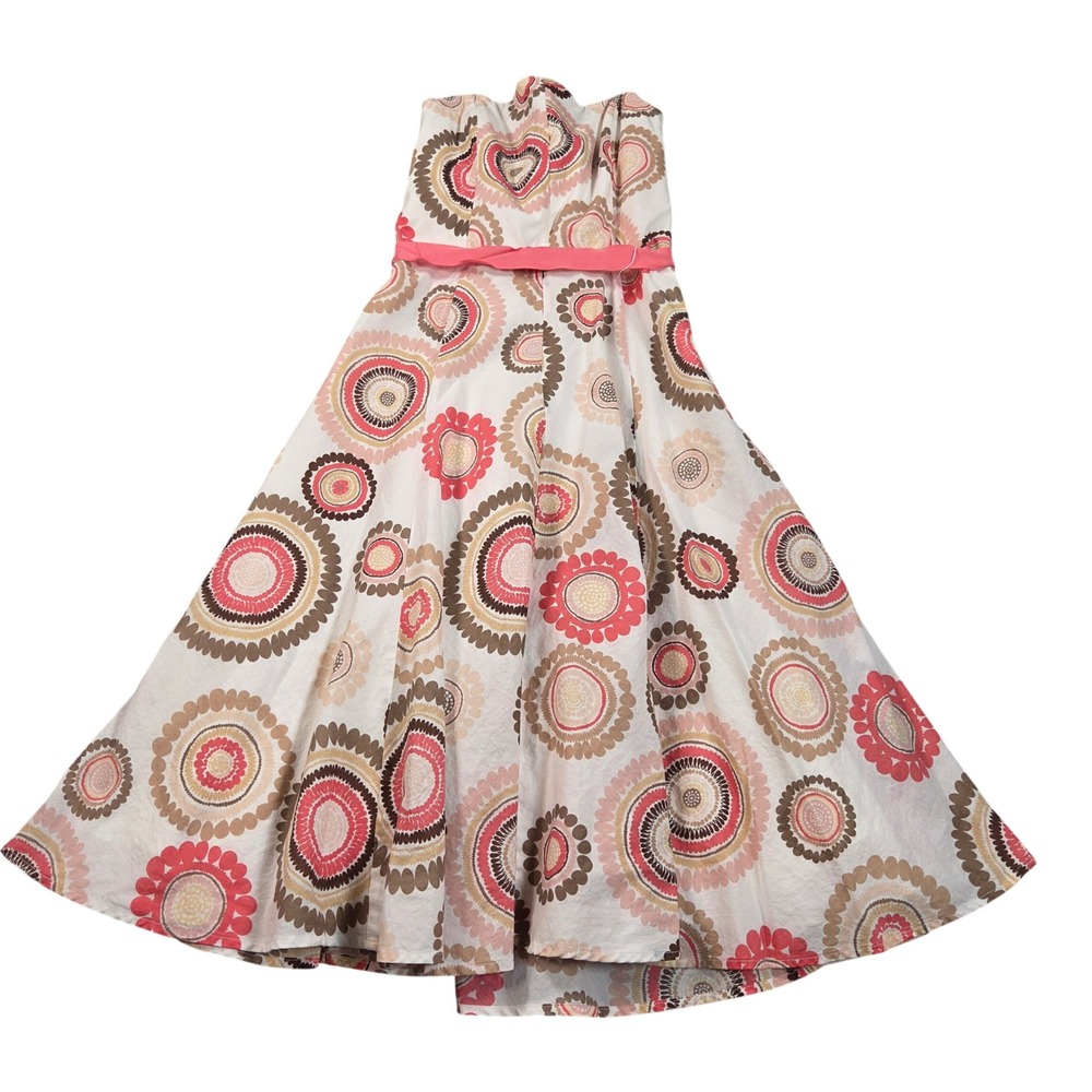 BCBGMAXAZRIA Dress Womens 0 Pink White Midi Strapless Circle Print  Cotton